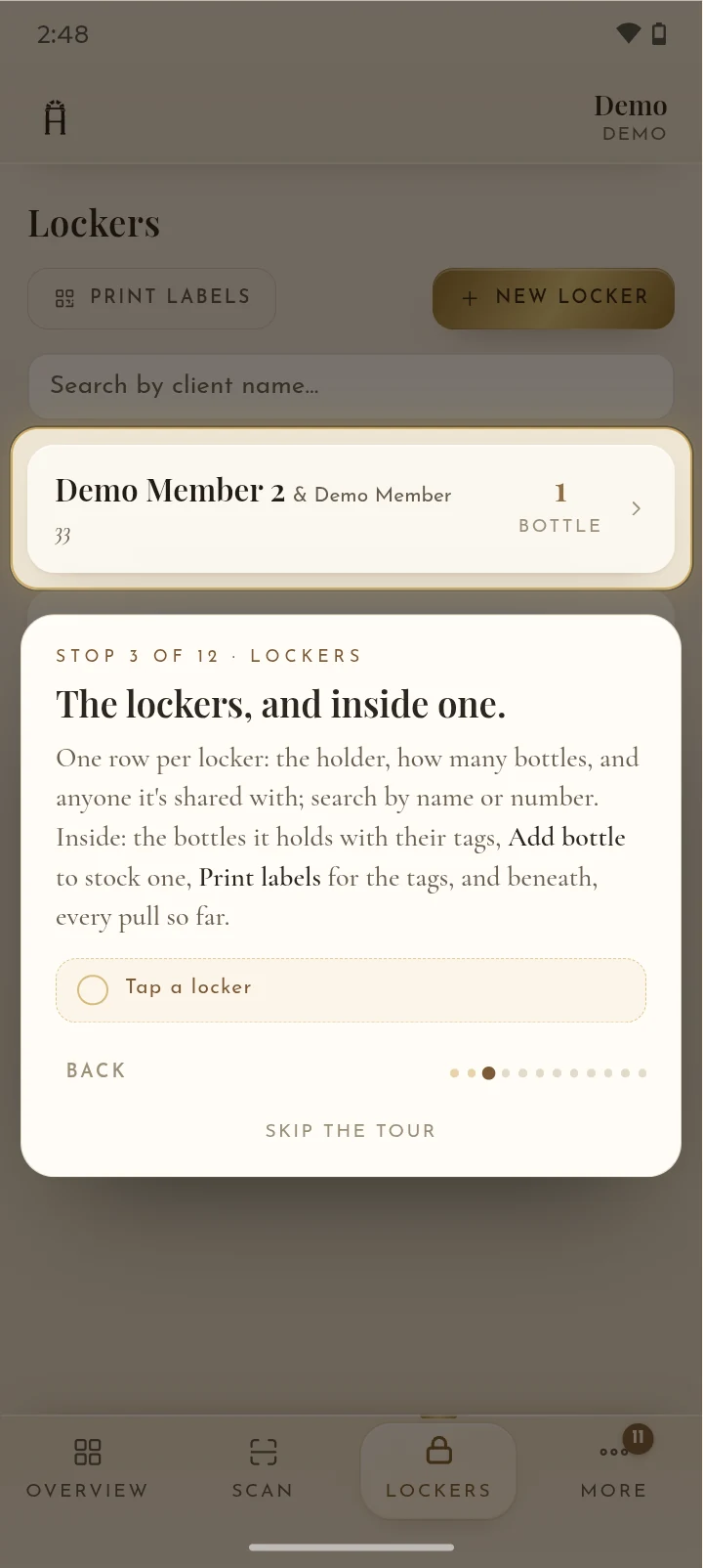 The staff tour on an Android phone, stop three: the lockers list, and what is inside one