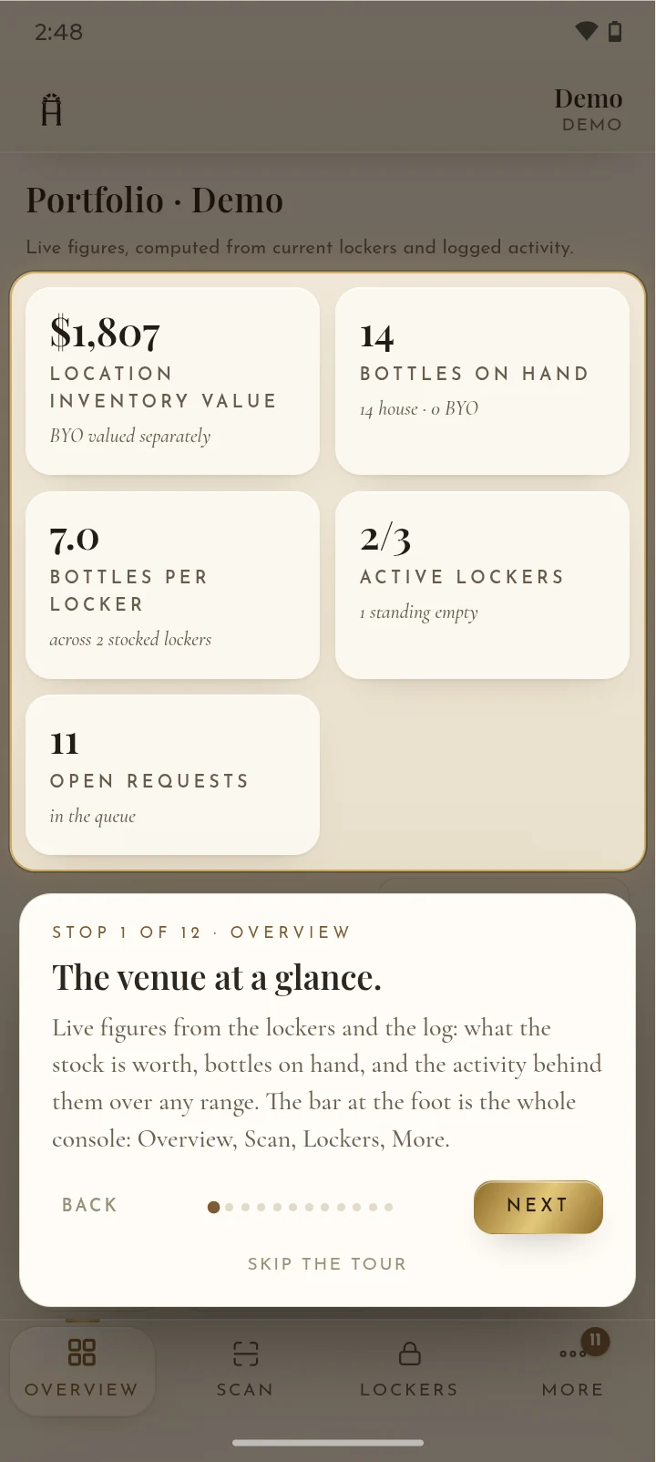 The staff tour on an Android phone, stop one: the venue at a glance — inventory value, bottles on hand, active lockers, open requests