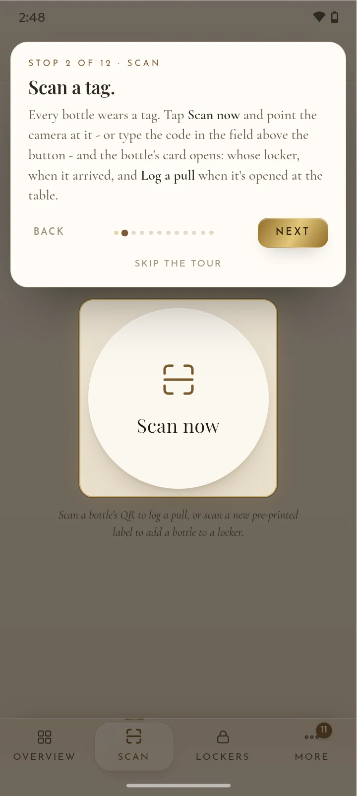 The staff tour on an Android phone, stop two: scan a tag to open a bottle’s card and log a pull