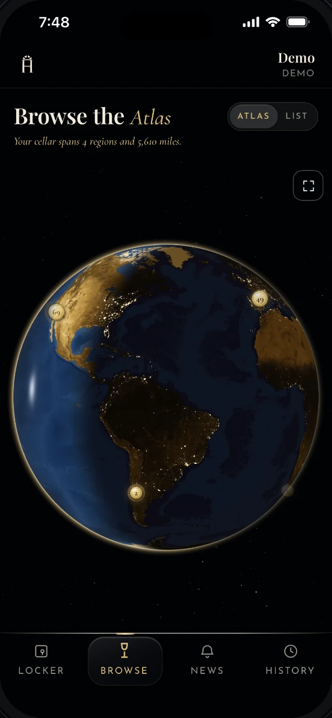 The Atlas: a night globe with gold pins where the member’s wines were made