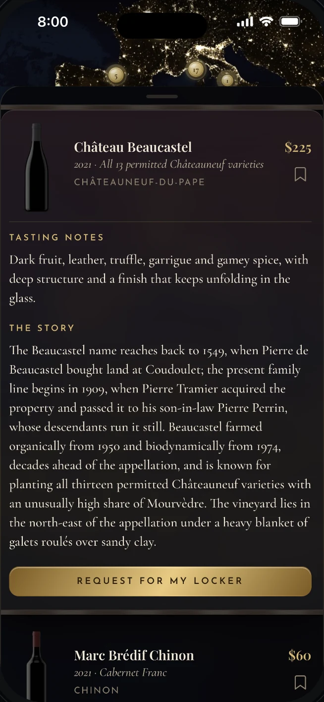A wine’s card in Browse: Horreum’s tasting note, the story behind the wine, and a gold Request for my Locker button