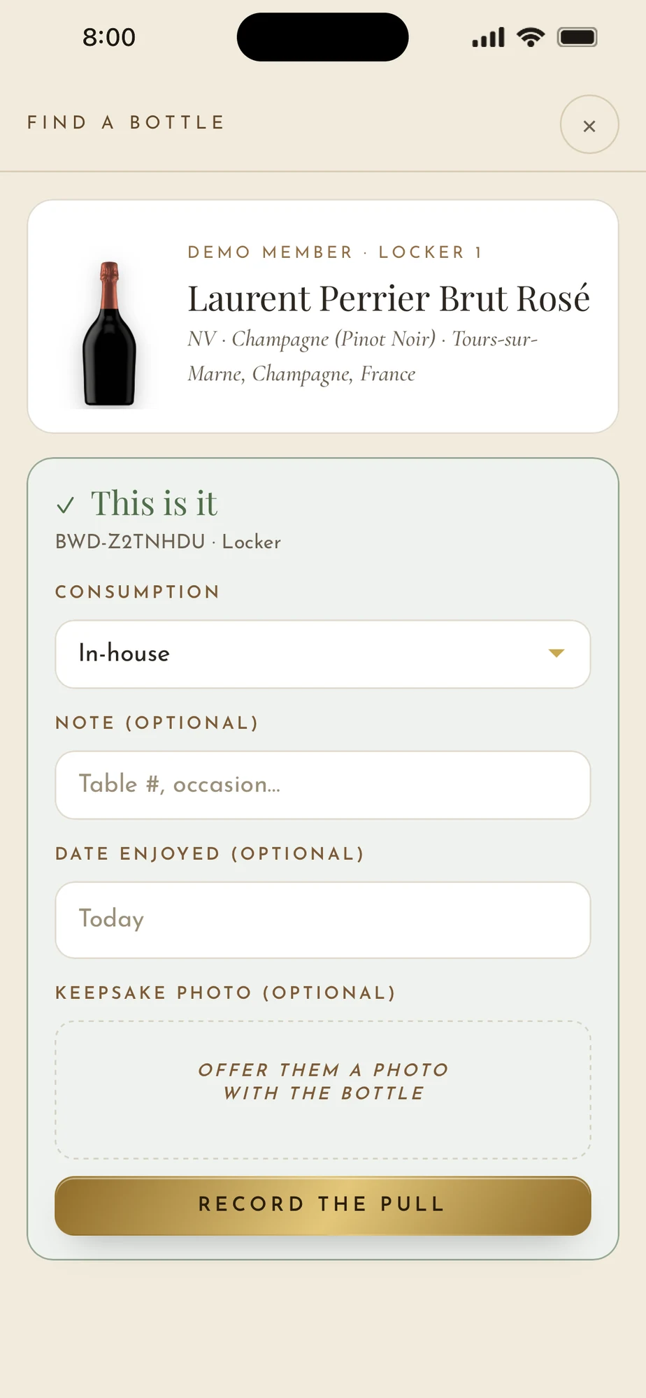 Find a bottle: the wine, whose locker, each bottle’s storage spot and tag