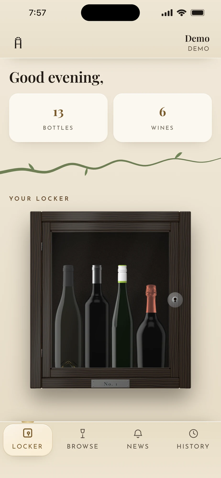 A member’s locker in the Horreum app: a dark wooden cabinet holding their bottles, with bottle and wine counts above