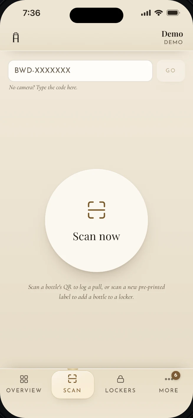 The staff Scan page: one button to scan a bottle’s QR tag, or type the code